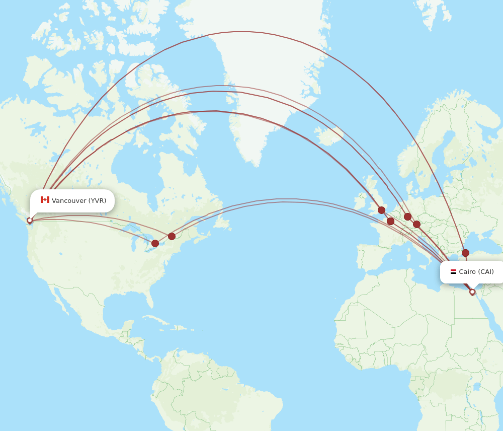 Vancouver - Cairo route map and flight paths