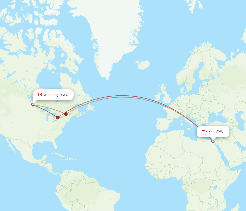 Winnipeg - Cairo route map and flight paths
