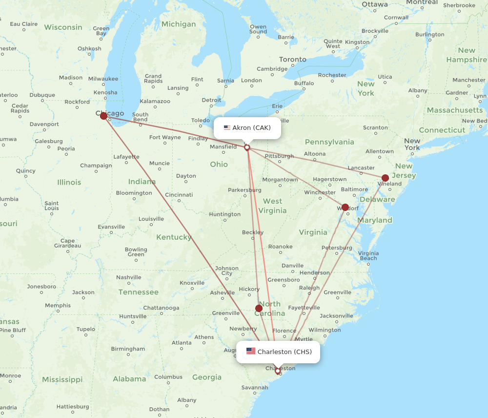 CAK to CHS flights and routes map