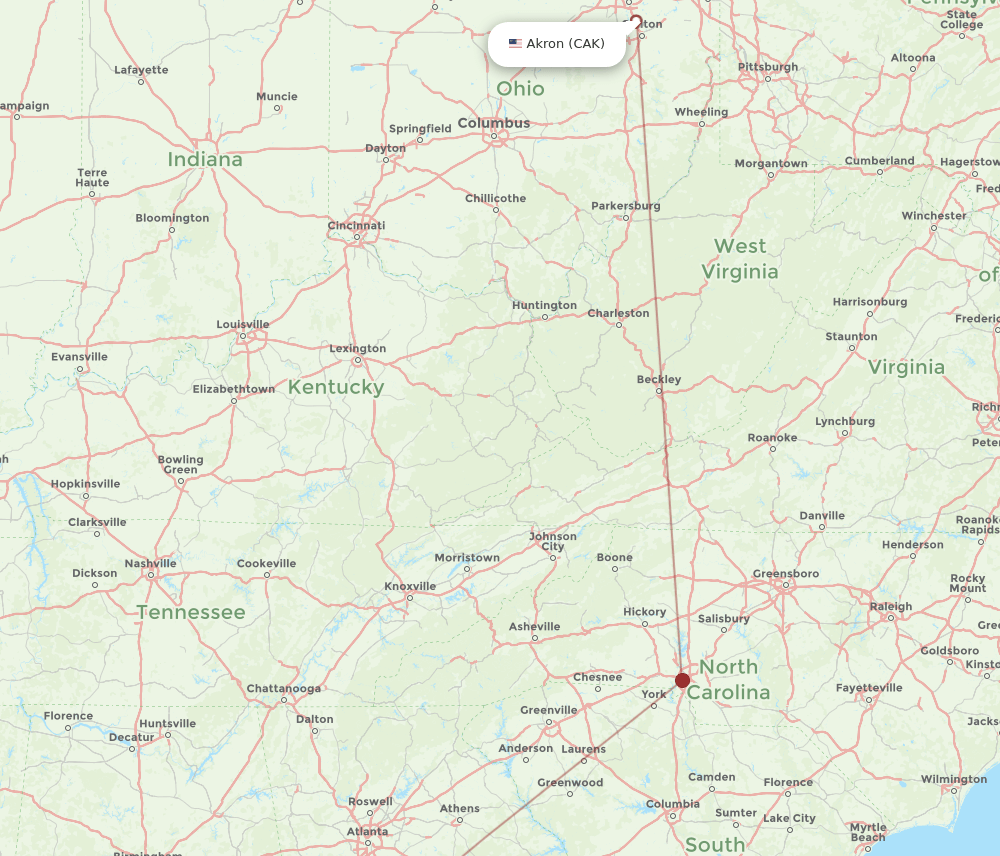 Akron - Columbus route map and flight paths