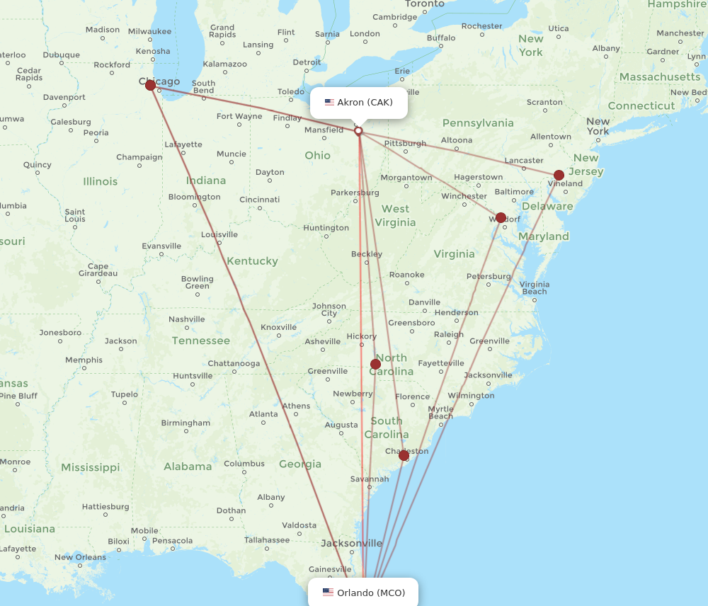 CAK to MCO flights and routes map