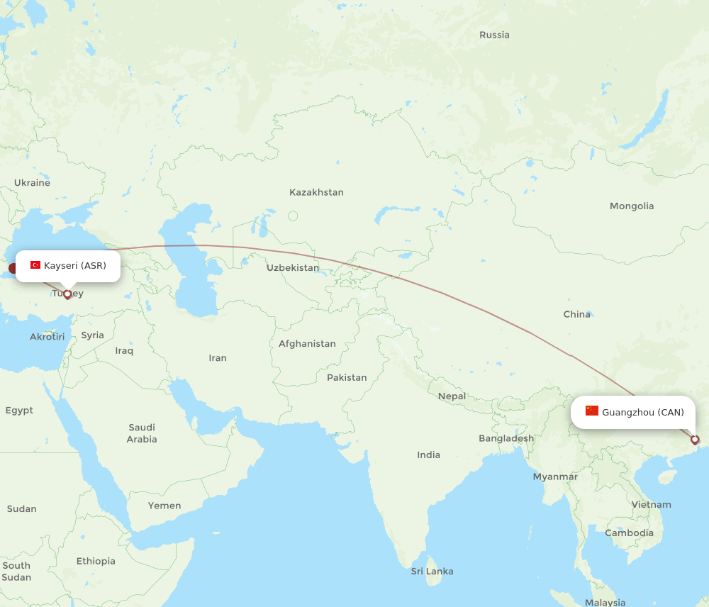 Kayseri - Guangzhou route map and flight paths