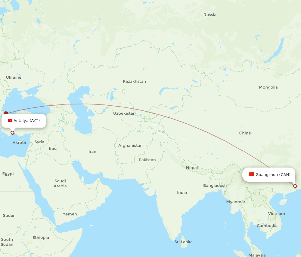 CAN to AYT flights and routes map