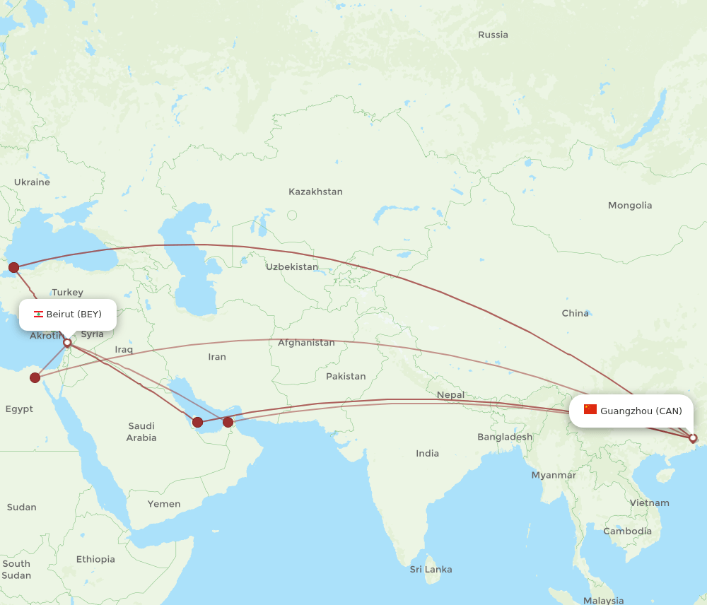 CAN to BEY flights and routes map