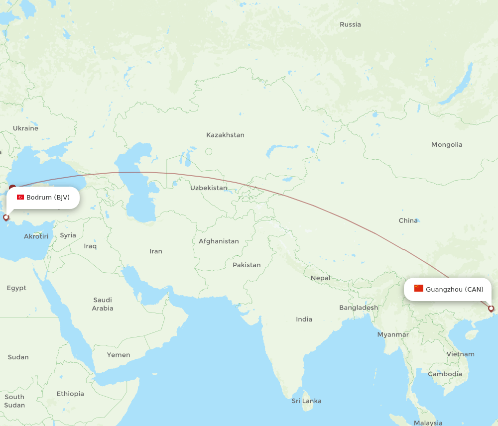 Bodrum - Guangzhou route map and flight paths