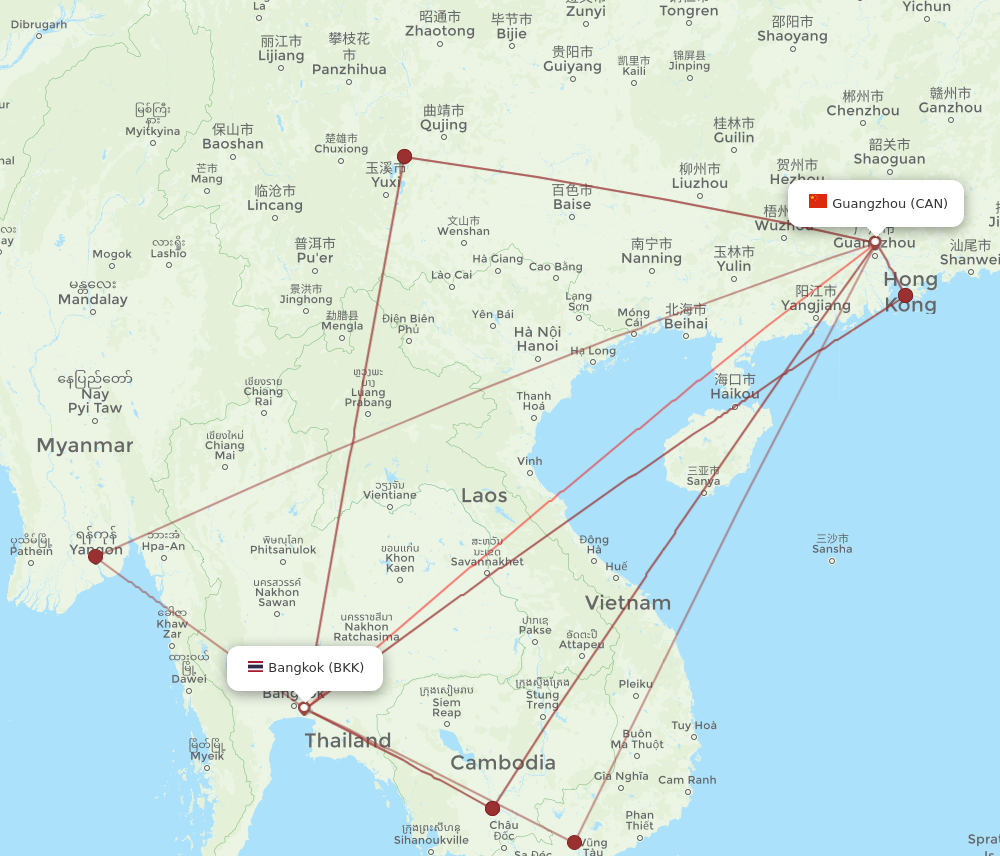 CAN to BKK flights and routes map