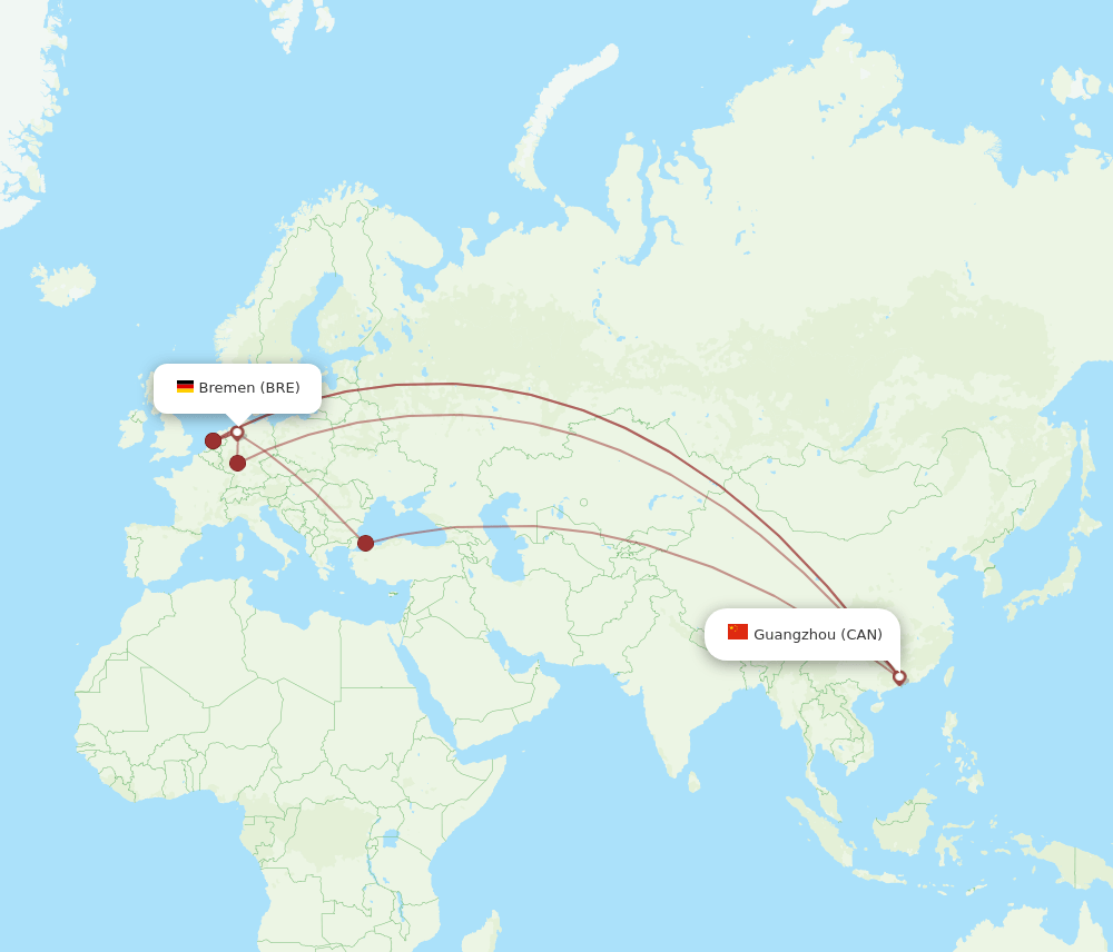 CAN to BRE flights and routes map