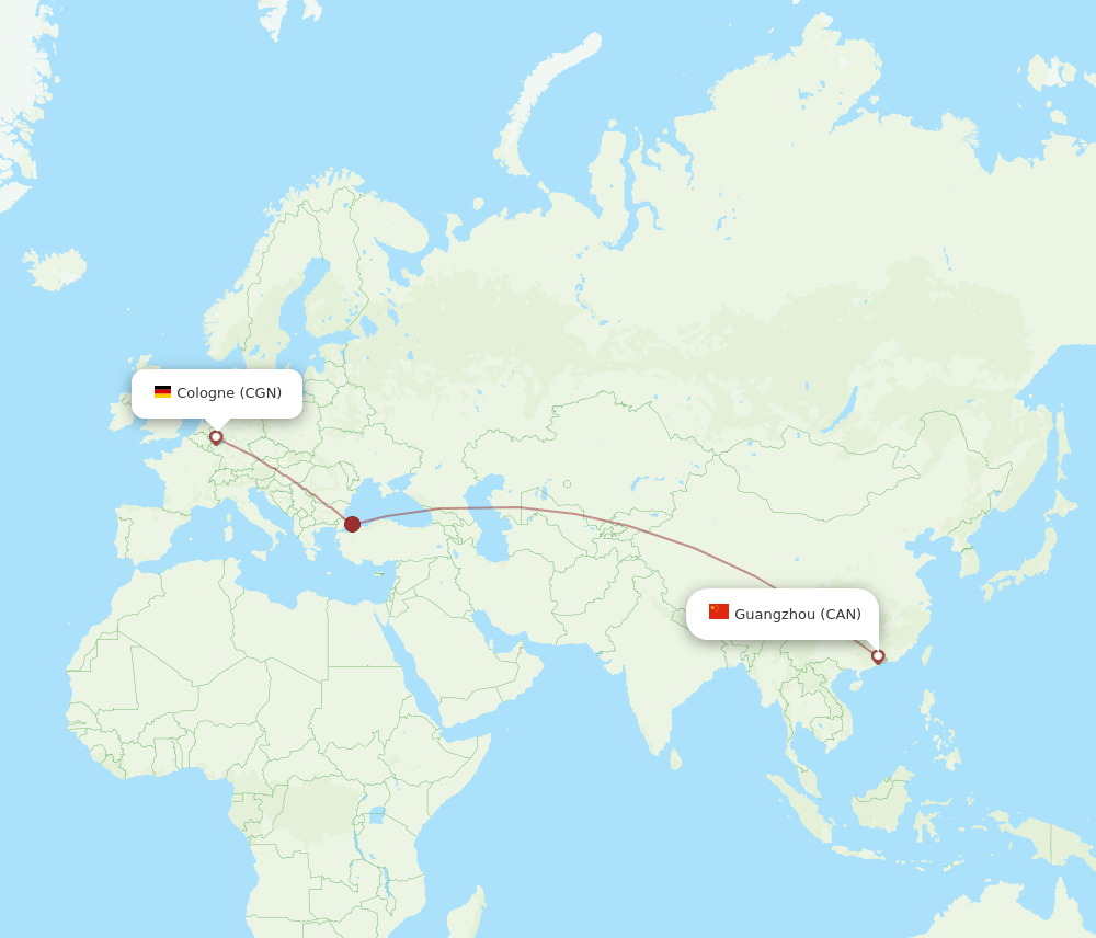 Cologne - Guangzhou route map and flight paths