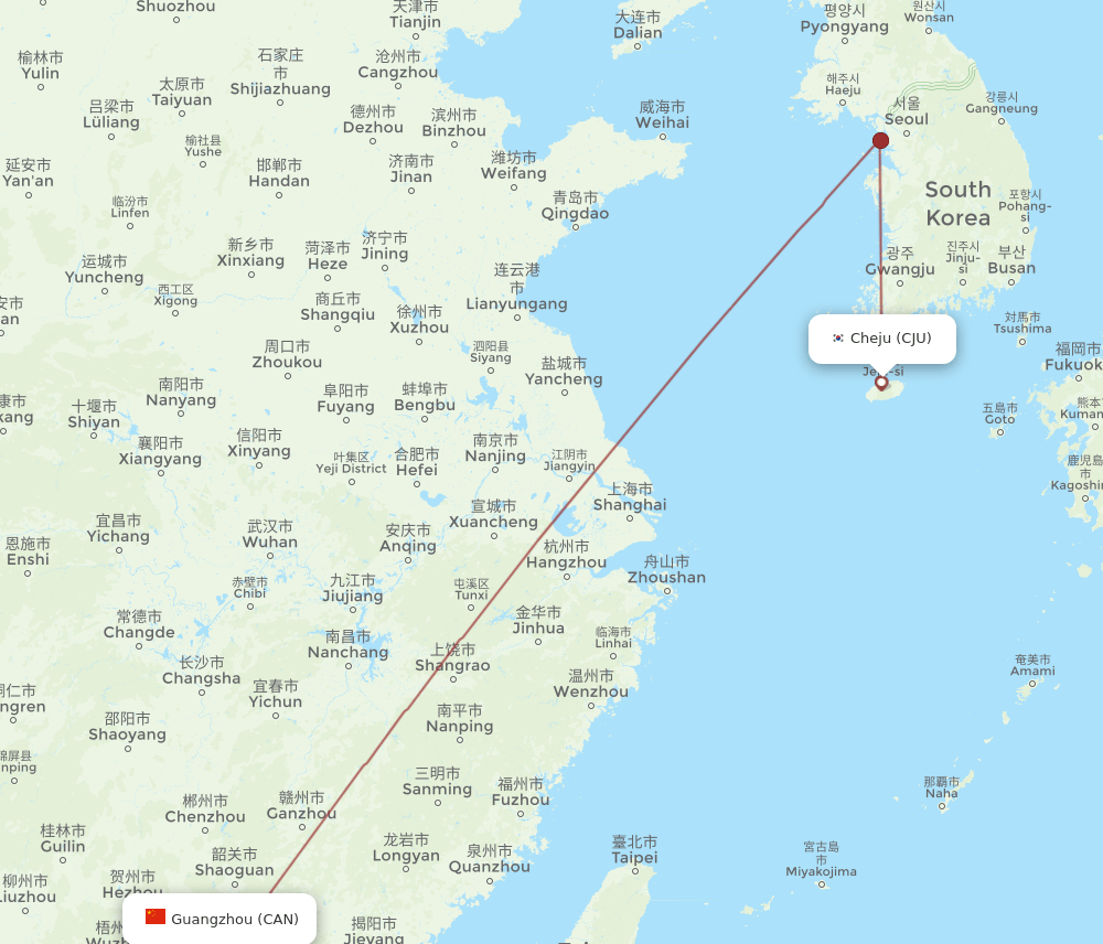 CAN to CJU flights and routes map
