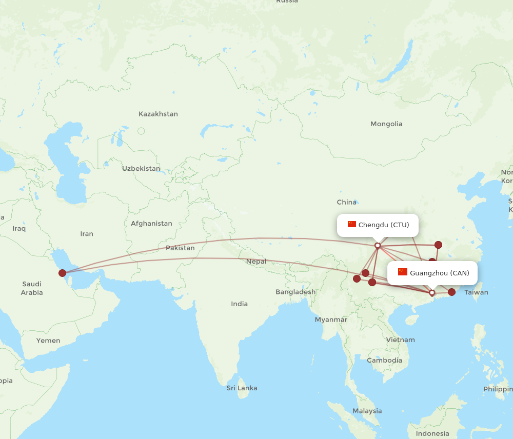 CAN to CTU flights and routes map