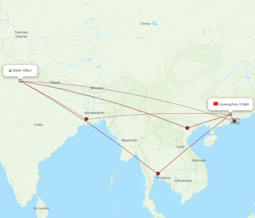 CAN to DEL flights and routes map