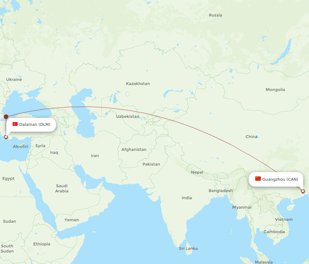 Dalaman - Guangzhou route map and flight paths