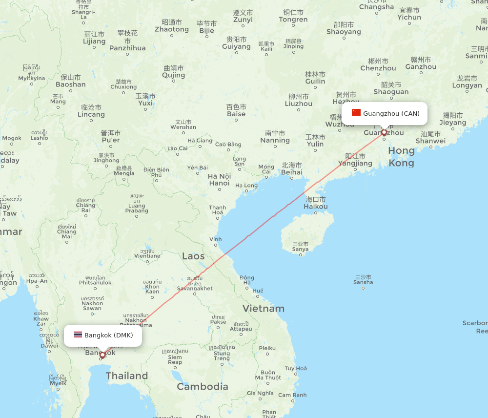 Guangzhou - Bangkok route map and flight paths