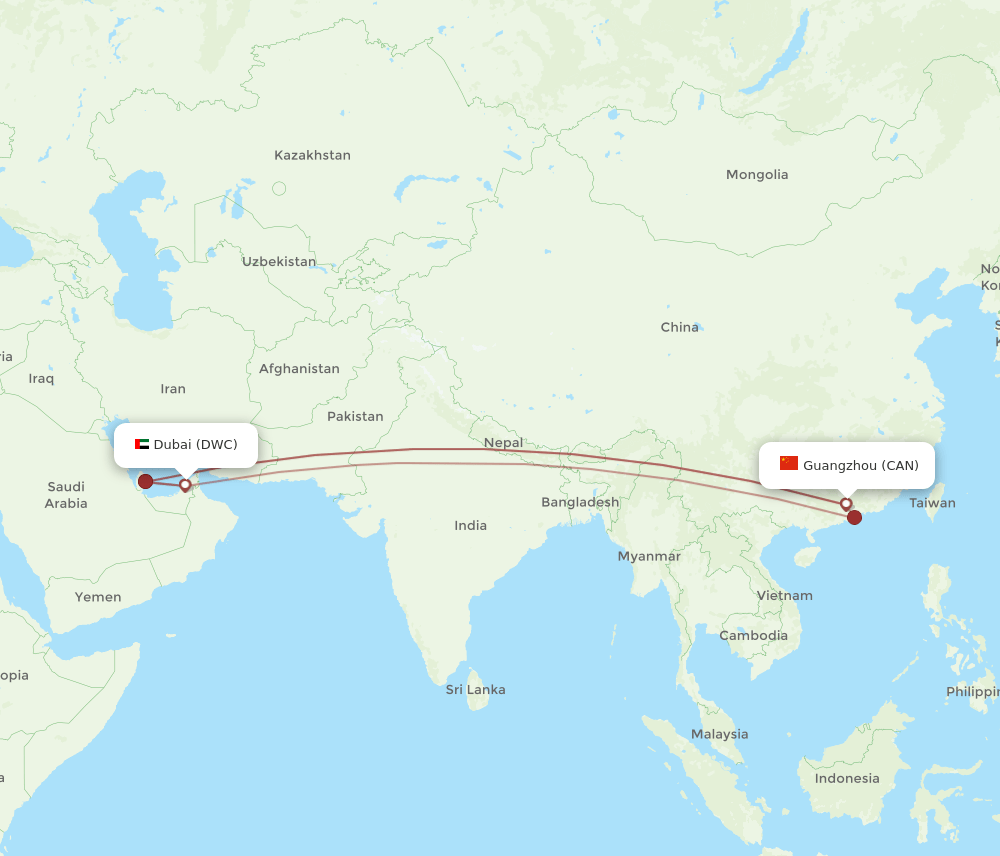 Dubai - Guangzhou route map and flight paths