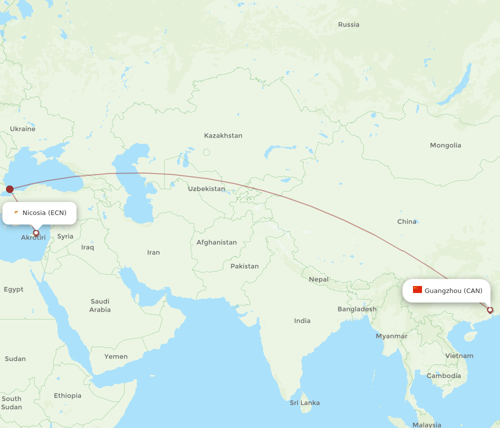 Ercan - Guangzhou route map and flight paths