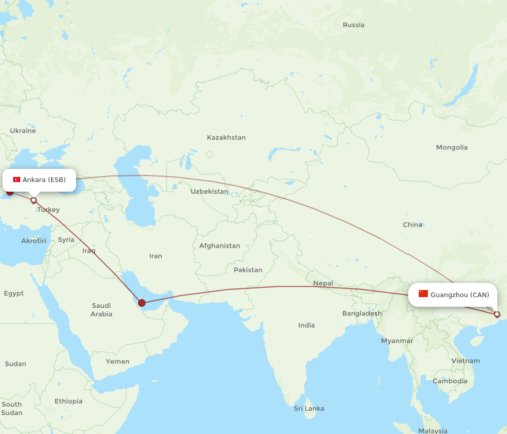 Ankara - Guangzhou route map and flight paths