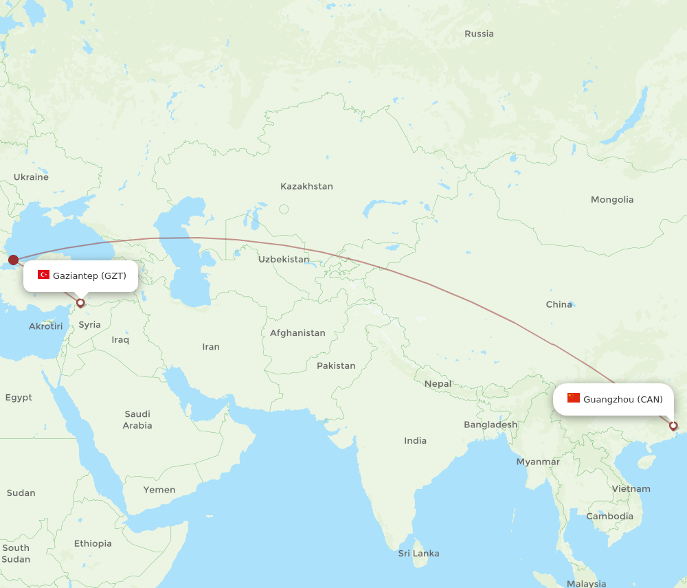 Gaziantep - Guangzhou route map and flight paths