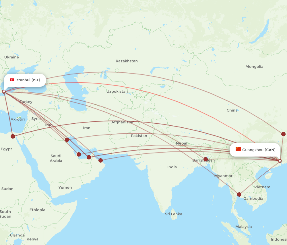 CAN to IST flights and routes map