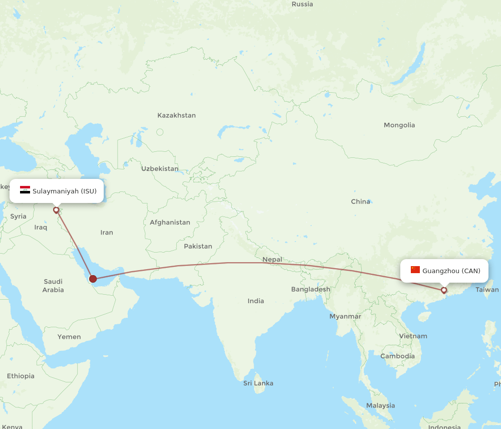 Sulaimaniyah - Guangzhou route map and flight paths
