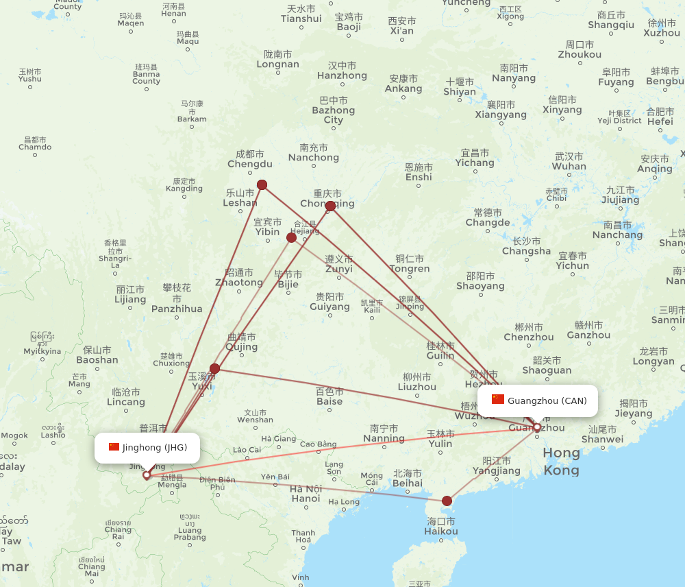 CAN to JHG flights and routes map