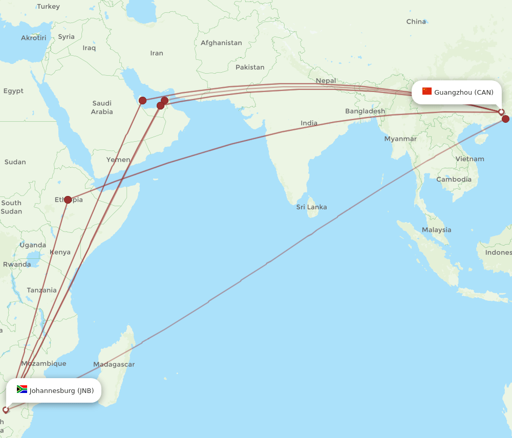 CAN to JNB flights and routes map
