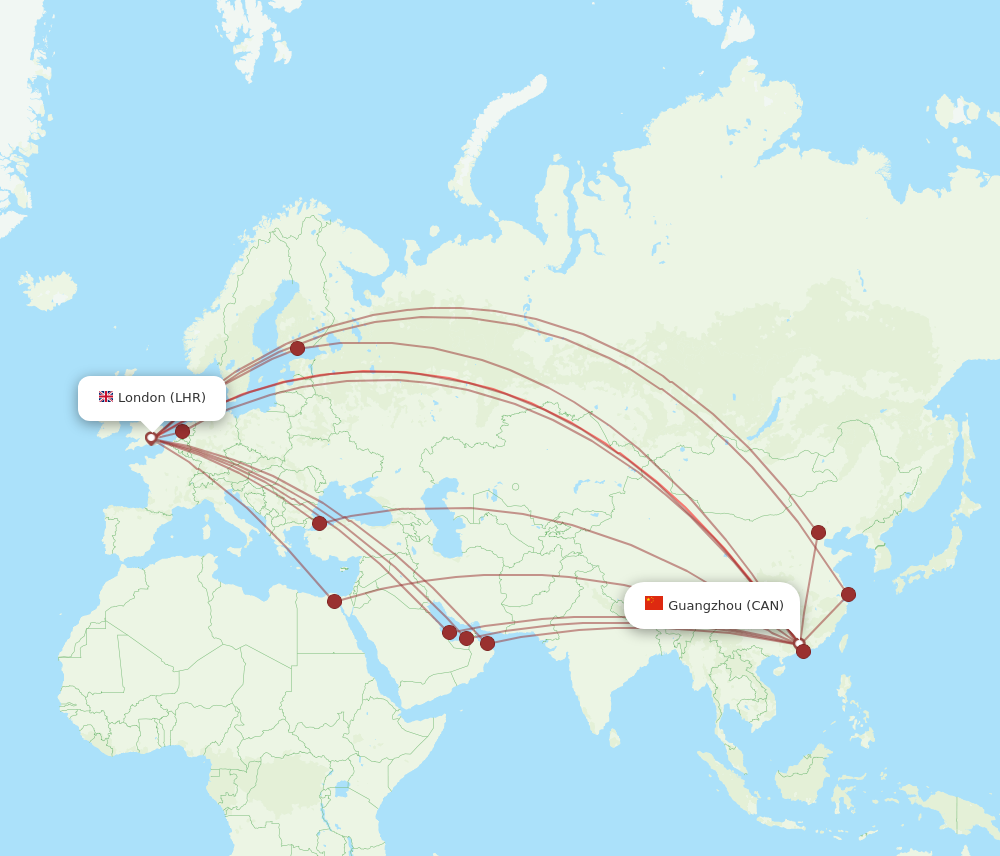 CAN to LHR flights and routes map