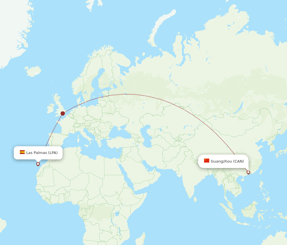Las Palmas - Guangzhou route map and flight paths