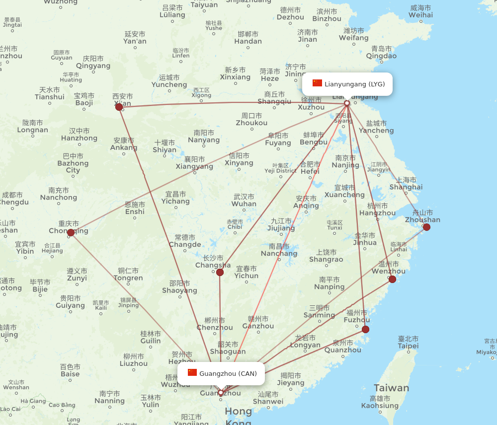 CAN to LYG flights and routes map
