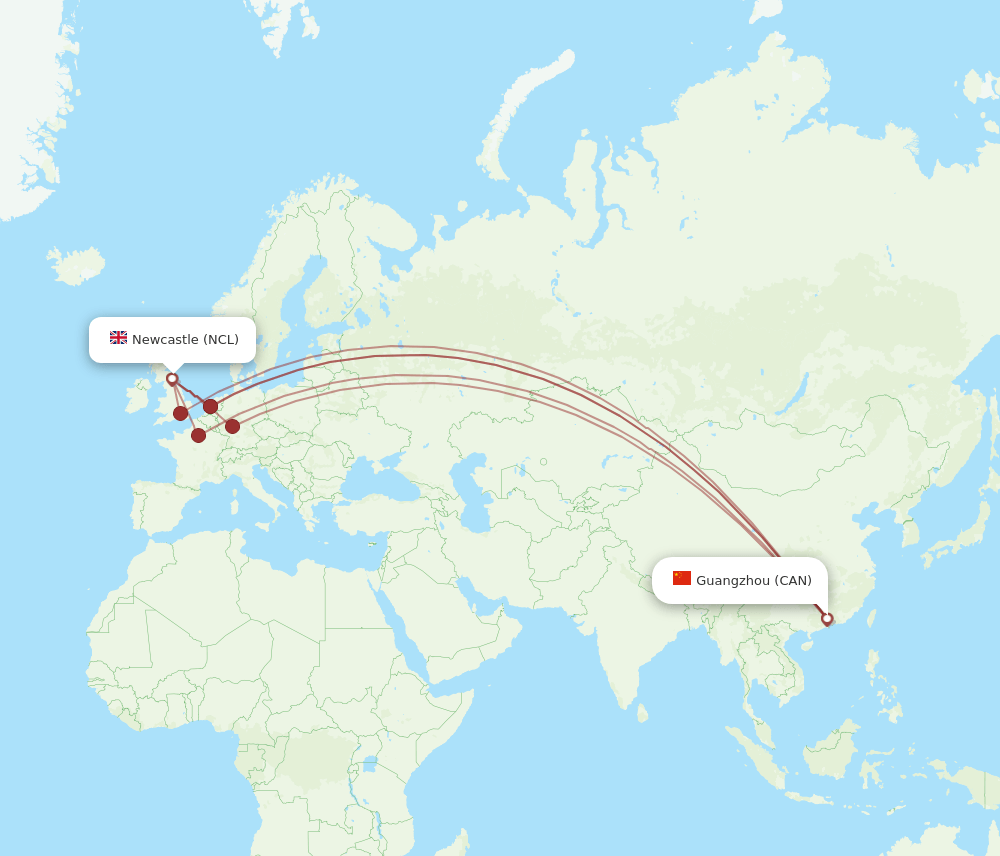 CAN to NCL flights and routes map