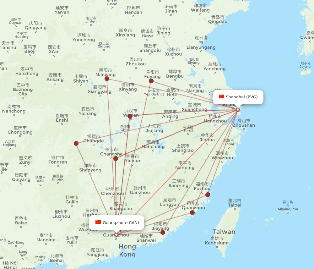 CAN to PVG flights and routes map