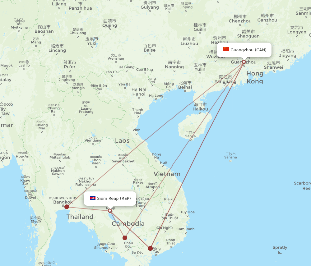 CAN to REP flights and routes map