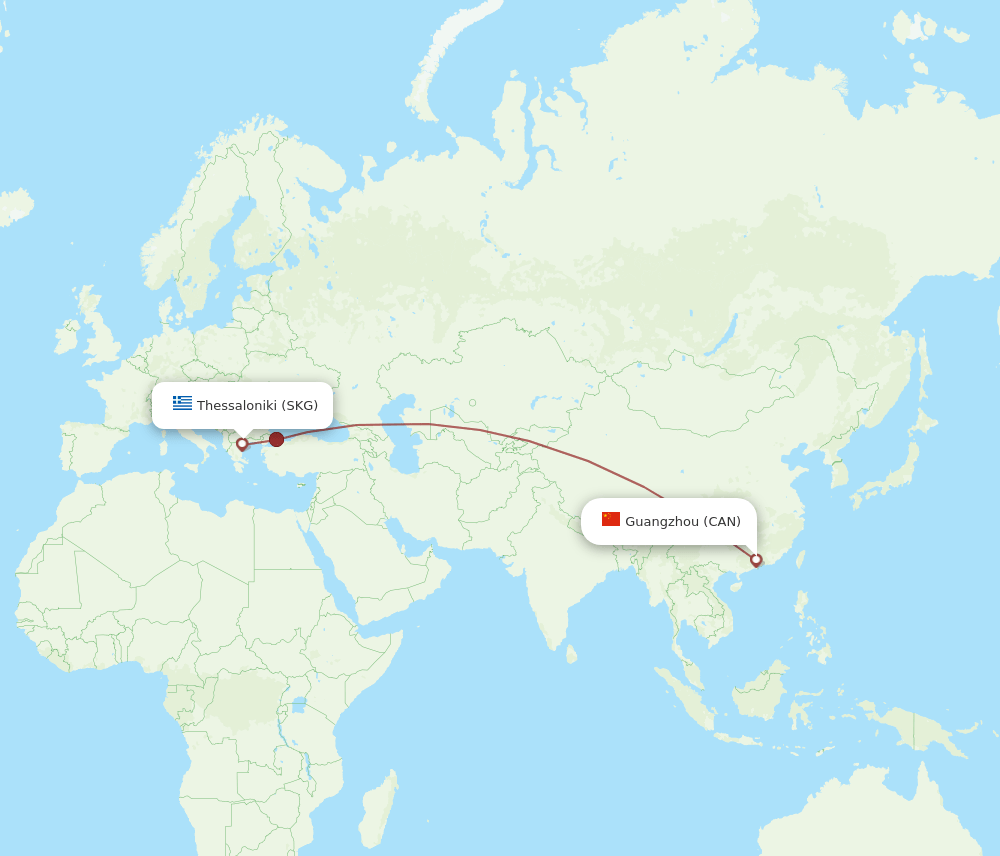 Thessaloniki - Guangzhou route map and flight paths