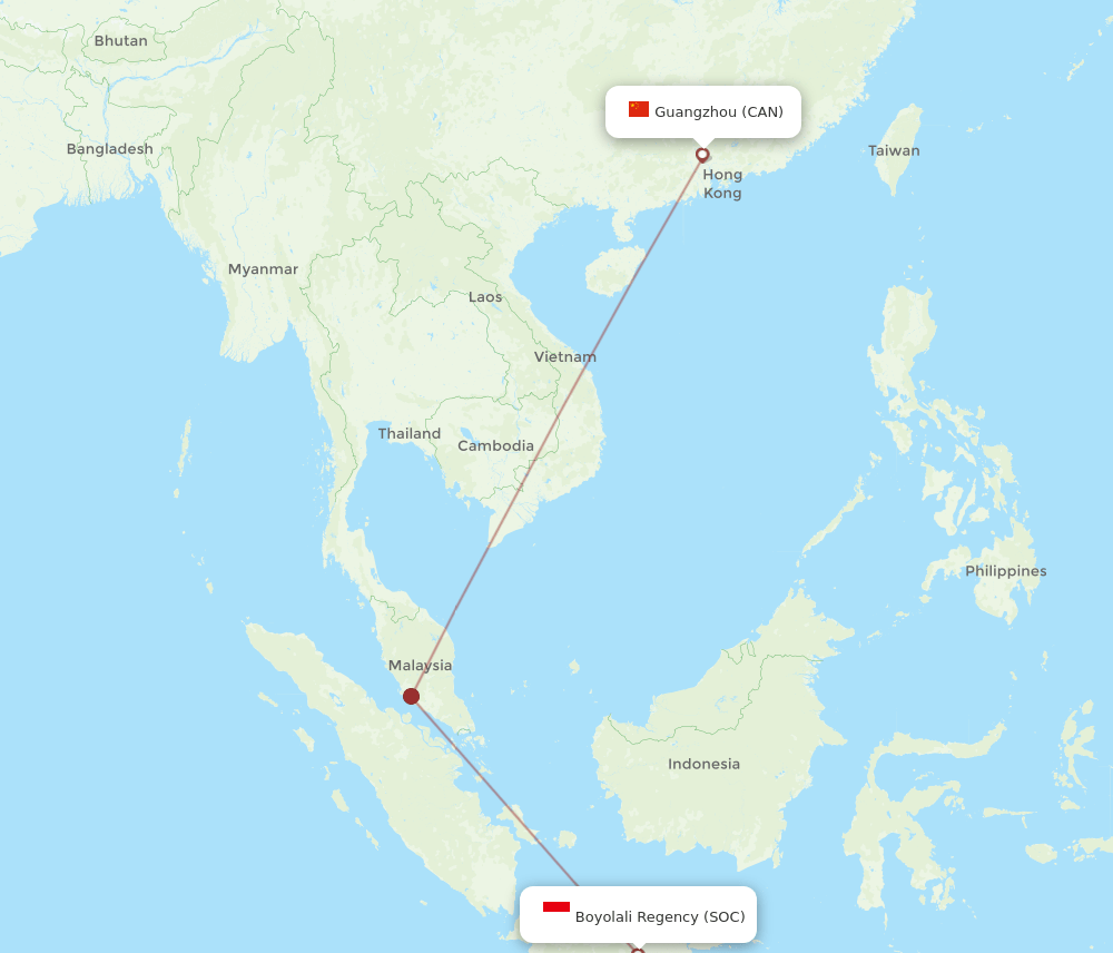 Surakarta - Guangzhou route map and flight paths