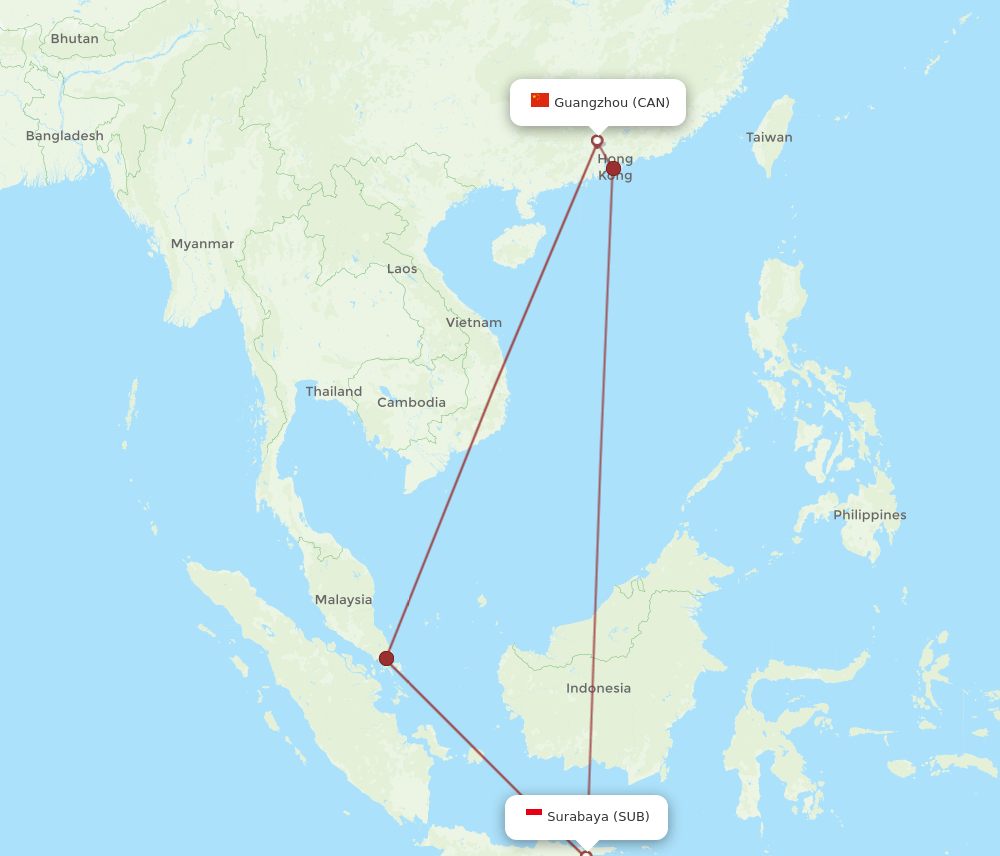 CAN to SUB flights and routes map
