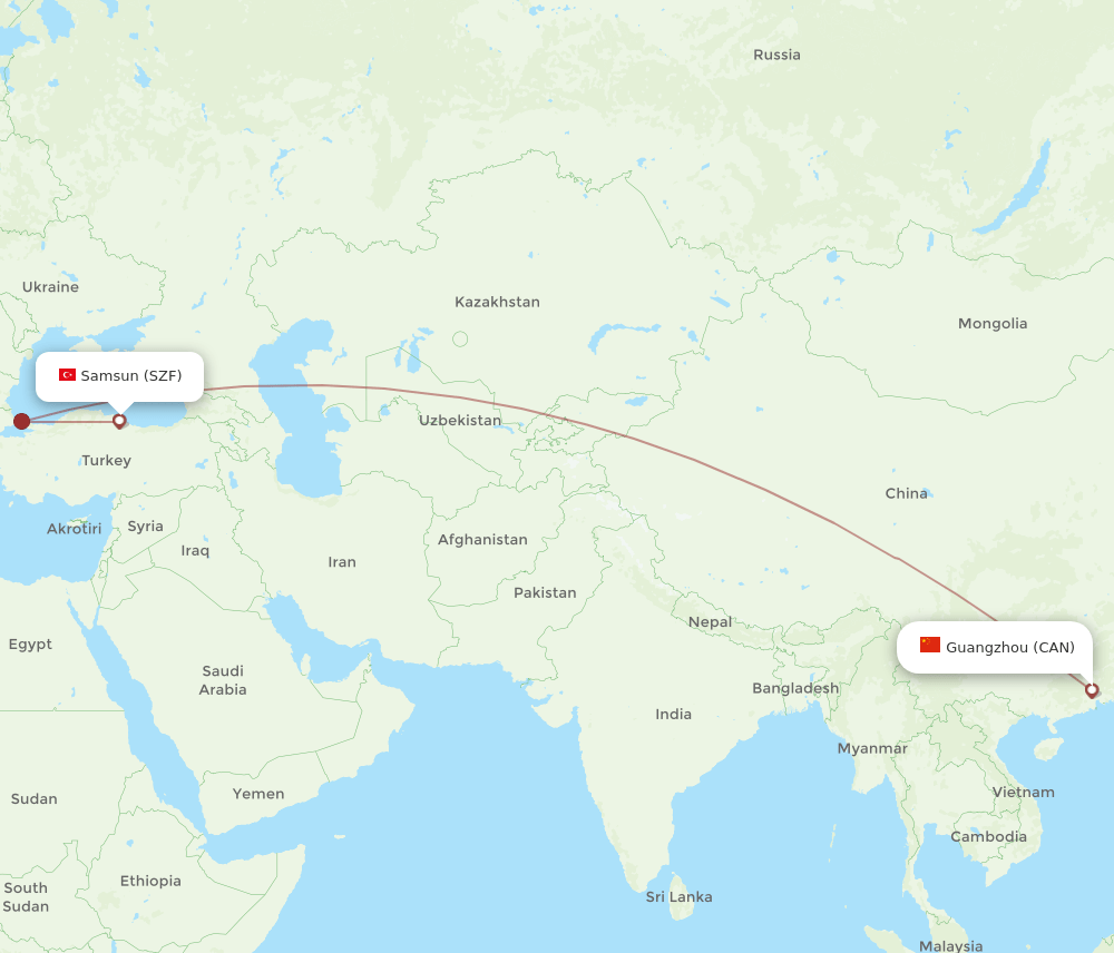 Samsun - Guangzhou route map and flight paths