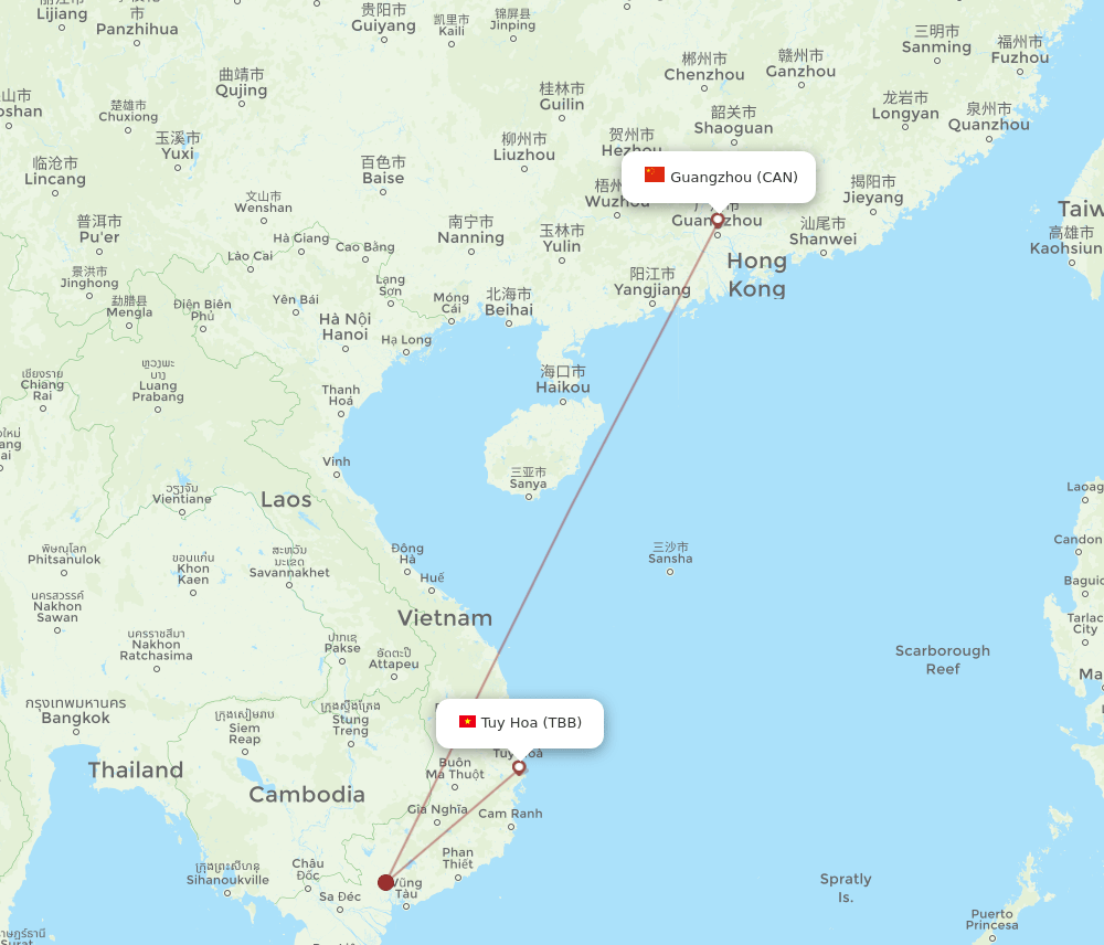 Tuy Hoa - Guangzhou route map and flight paths