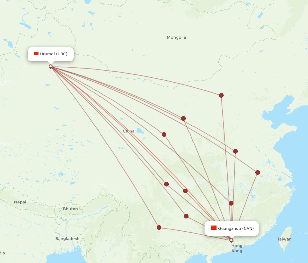 CAN to URC flights and routes map