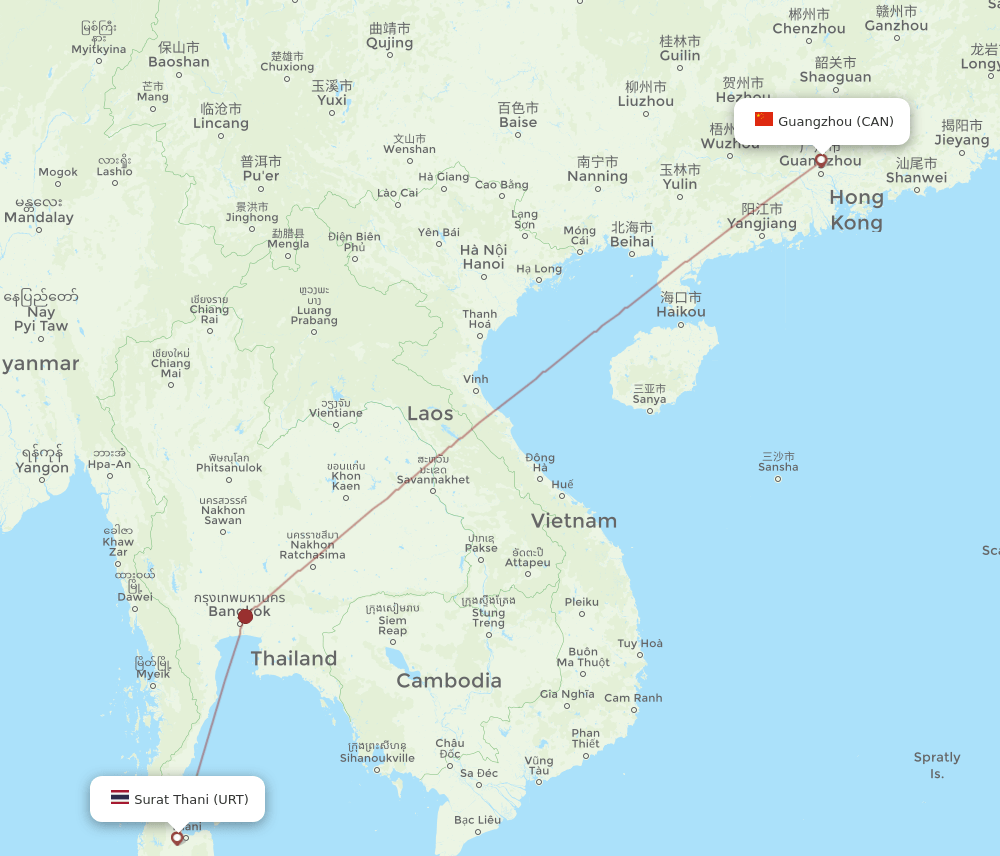 CAN to URT flights and routes map