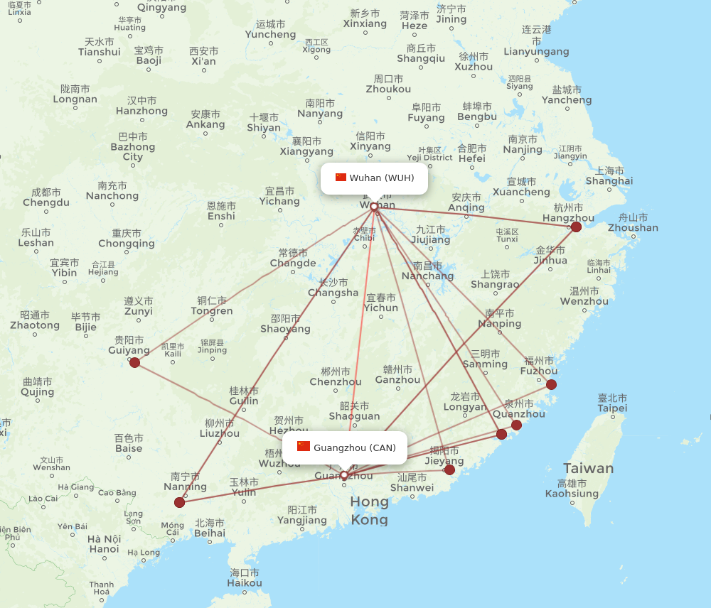 CAN to WUH flights and routes map
