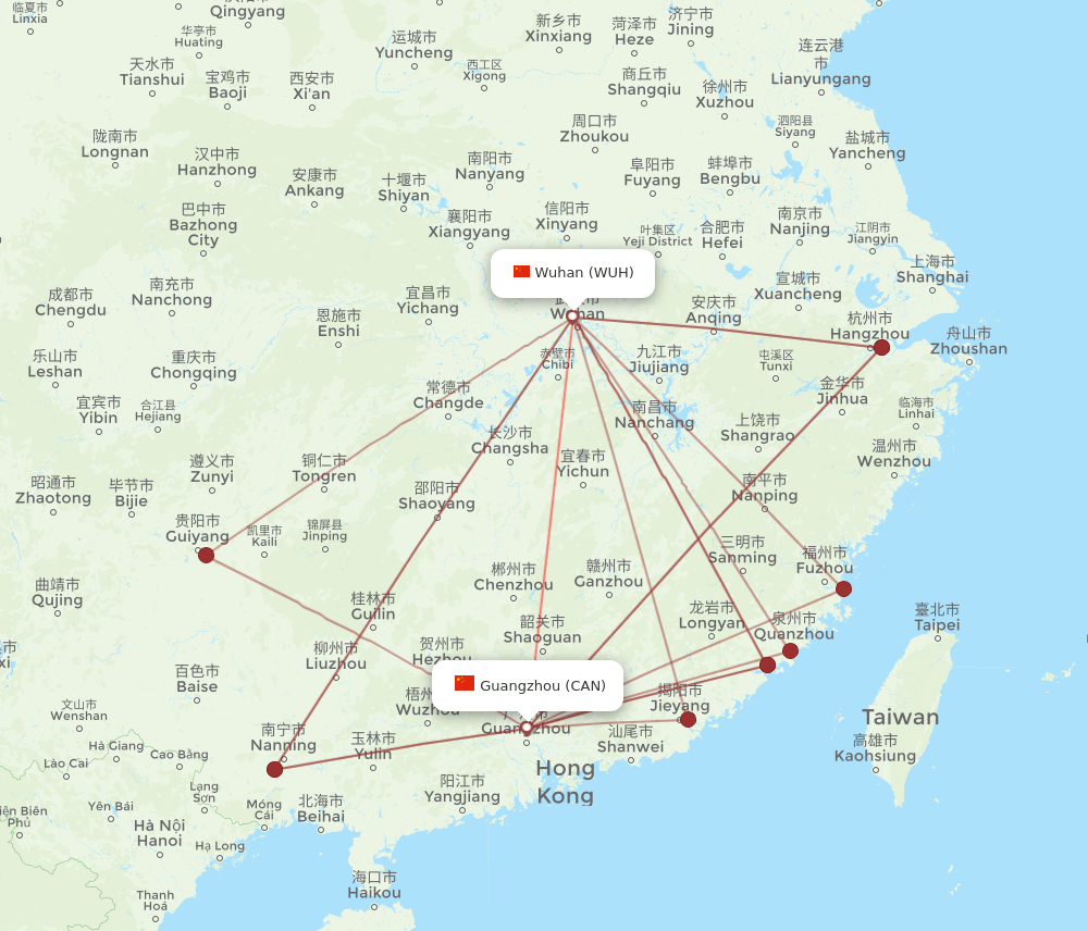 CAN to WUH flights and routes map