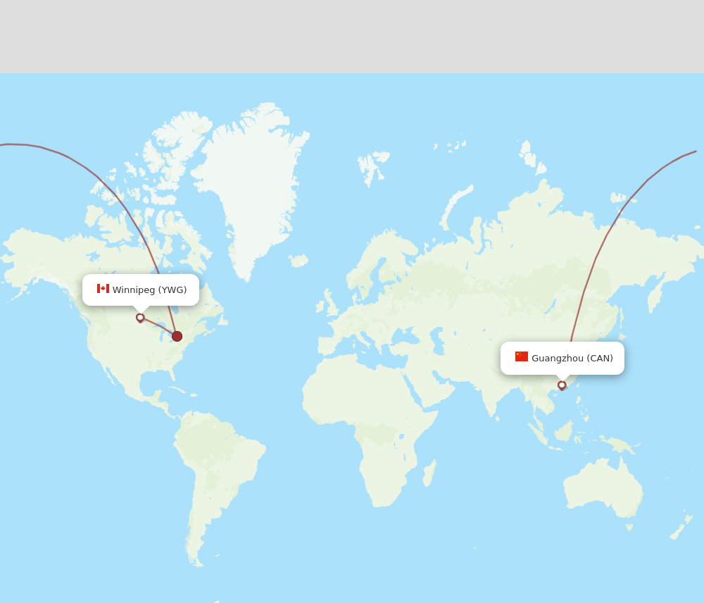 Winnipeg - Guangzhou route map and flight paths
