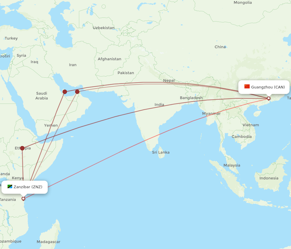 CAN to ZNZ flights and routes map
