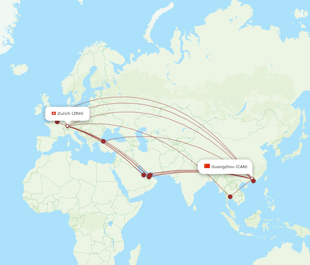 Zurich - Guangzhou route map and flight paths