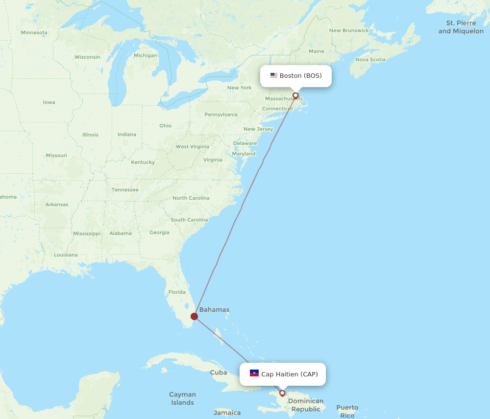 Boston - Cap Haitien route map and flight paths