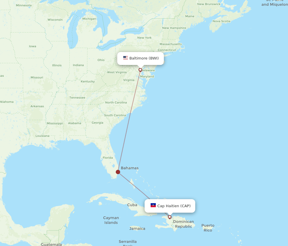 Baltimore - Cap Haitien route map and flight paths