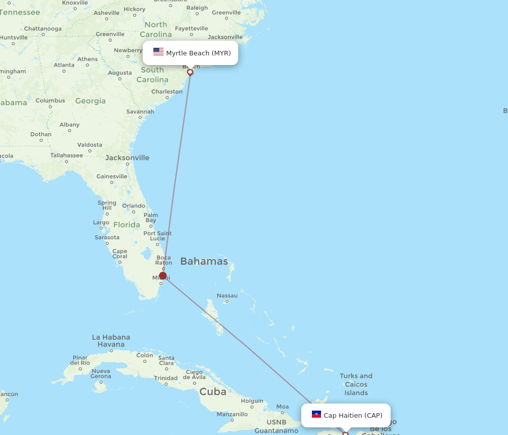 Myrtle Beach - Cap Haitien route map and flight paths