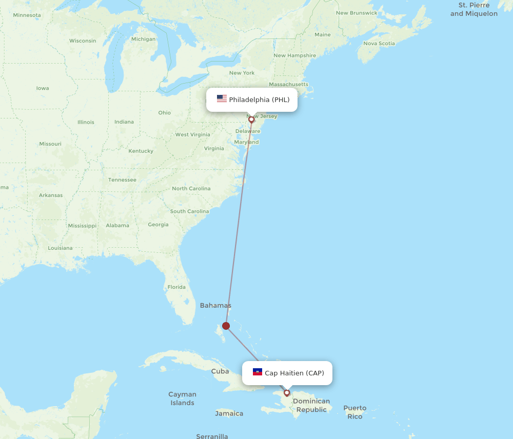 CAP to PHL flights and routes map