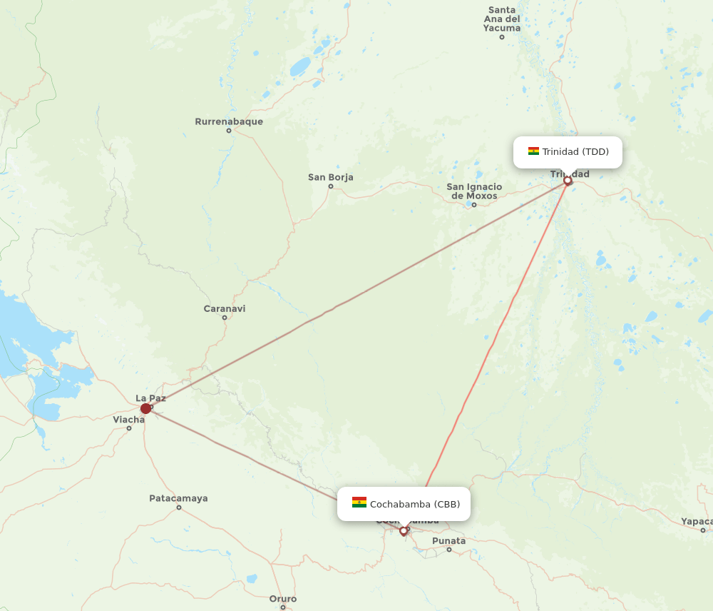 Cochabamba - Trinidad route map and flight paths