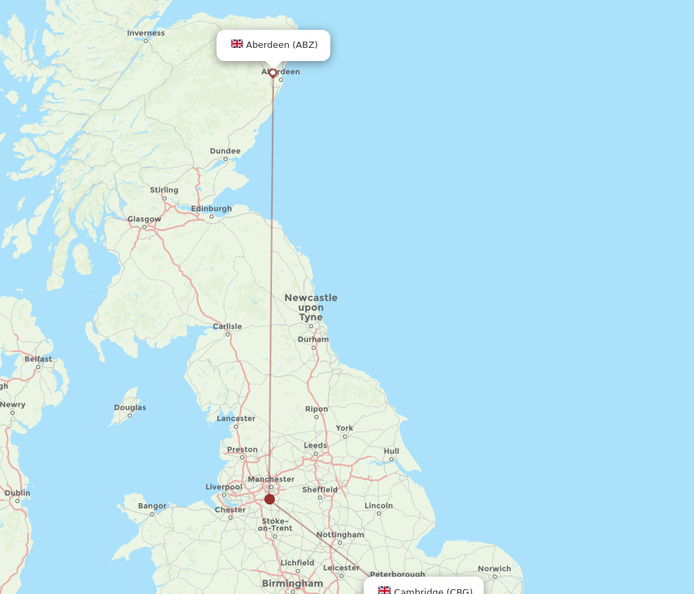 Aberdeen - Cambridge route map and flight paths