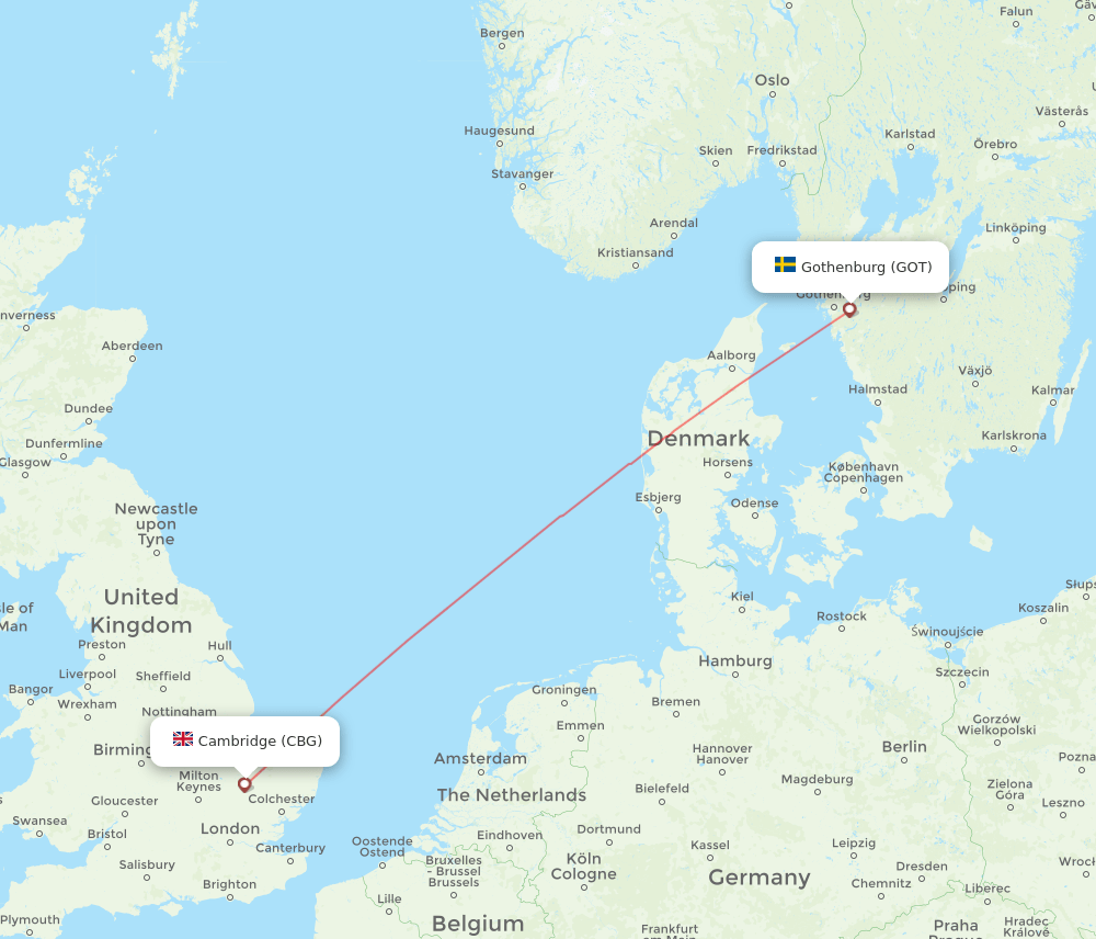 Cambridge - Gothenburg route map and flight paths